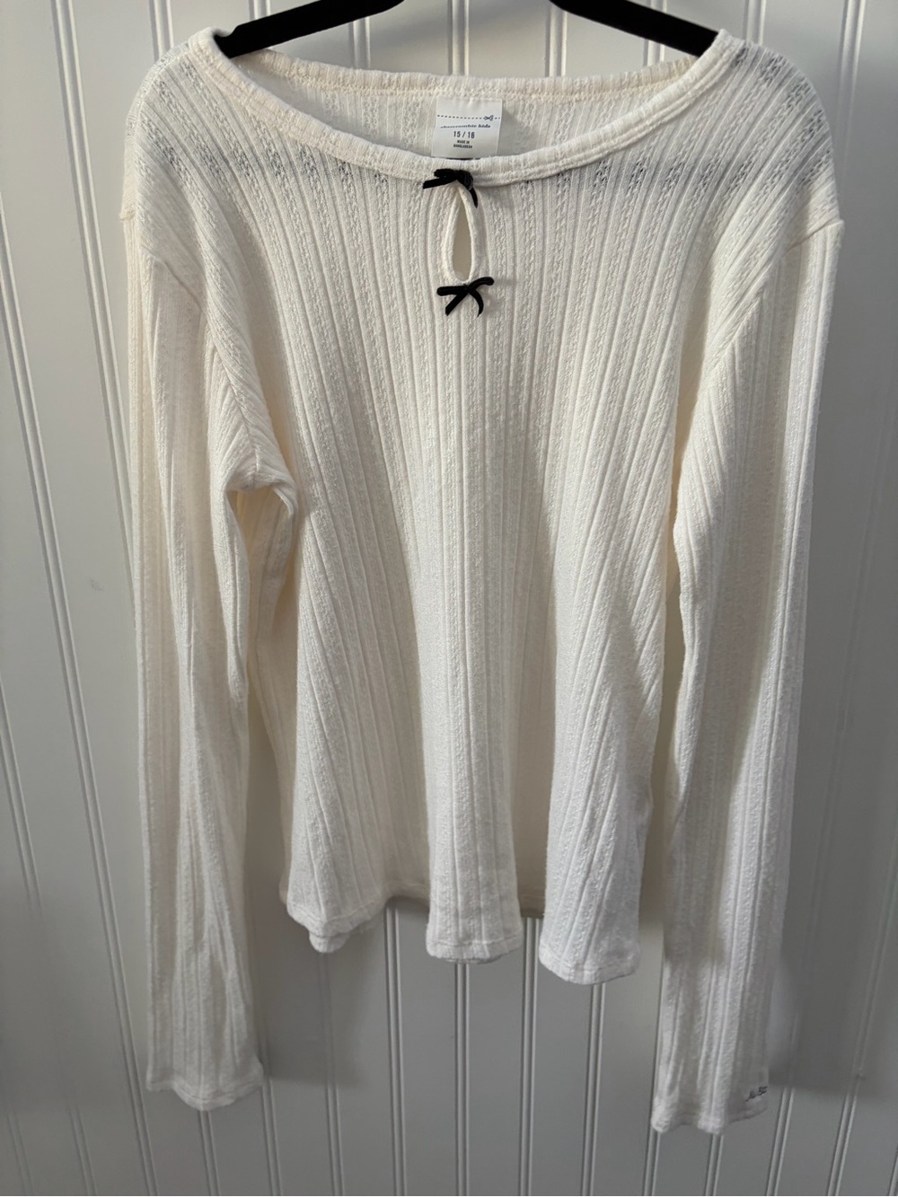 Abercrombie Kids Ribbed Pointelle Long Sleeve Top in Cream with Bow Detail